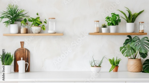 simple  modern white kitchen backsplash with green house plants