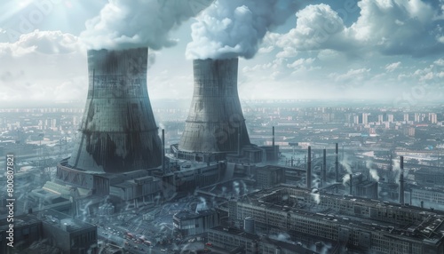 Industrial Landscape with Cooling Towers Emitting Steam. photo