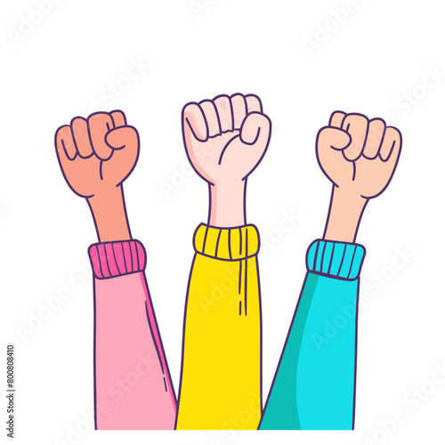 A diverse group of people protesting for a common cause and raising their fists in solidarity