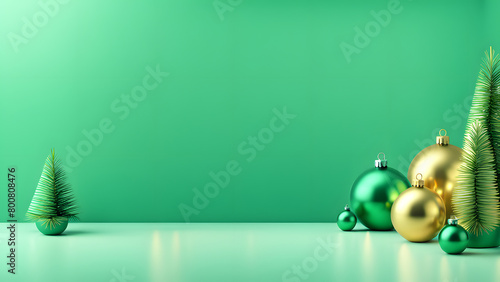 A green background with a Christmas tree and gold and green balls