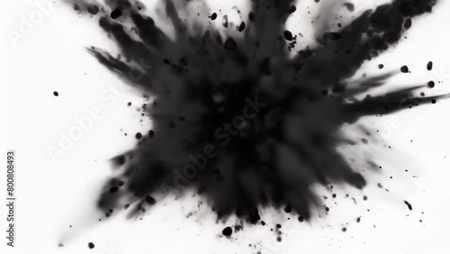 Explosive burst of black powder particles and fragments radiating outward, evoking a dynamic sense of energy, movement, and chaos against a stark white background.
 photo