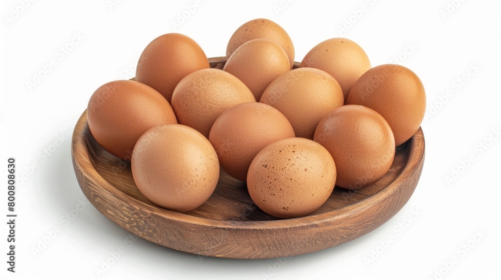 Top view of raw brown eggs presented on a wooden plate against a white background, highlighting their common use in cooking and their efficient absorption as a protein source. Top view of raw brown eggs presented on a wooden plate against a white background, highlighting their common use in cooking and their efficient absorption as a protein source.