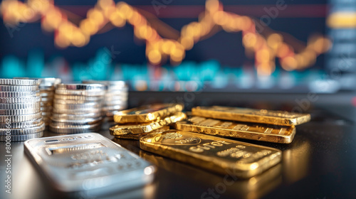 Gold and Silver on Table with Stock Tracker Display Showing Market Volatility in Financial Investment Analysis