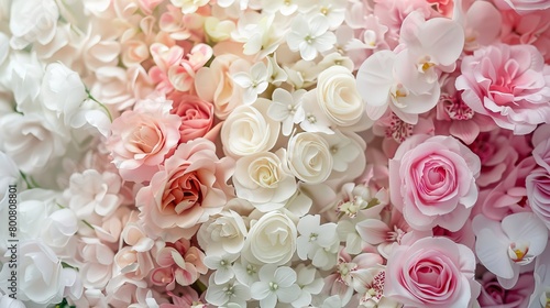 A gradient of white and light pink, adorned with flowers creating a glamorous look. 