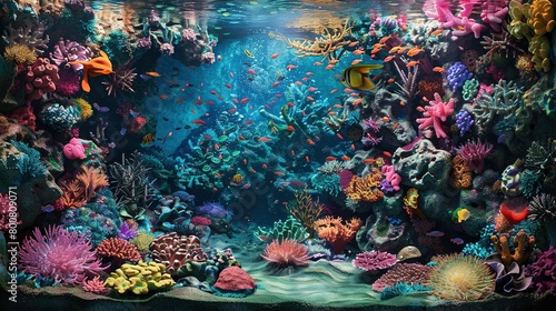 Colorful coral reef and fishes. Blue ocean underwater life with coral reefs and colorful fish. © IkaPuput