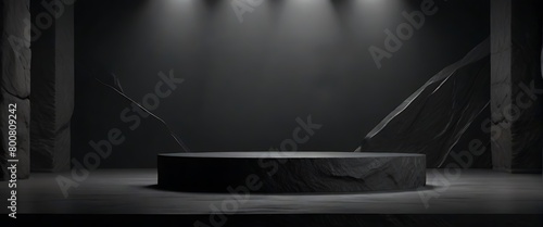 black podiums forming a cylinder on dark background with shadows. Perfect platform for showing your products photo