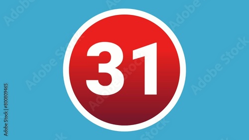 Number 31 sign symbol animation motion graphics icon on red sphere on blue background,cartoon video numbers for video elements photo