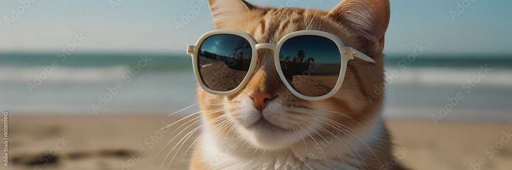 Cute cat wearing sunglasses on sandy beach near sea. Summer vacation with pet