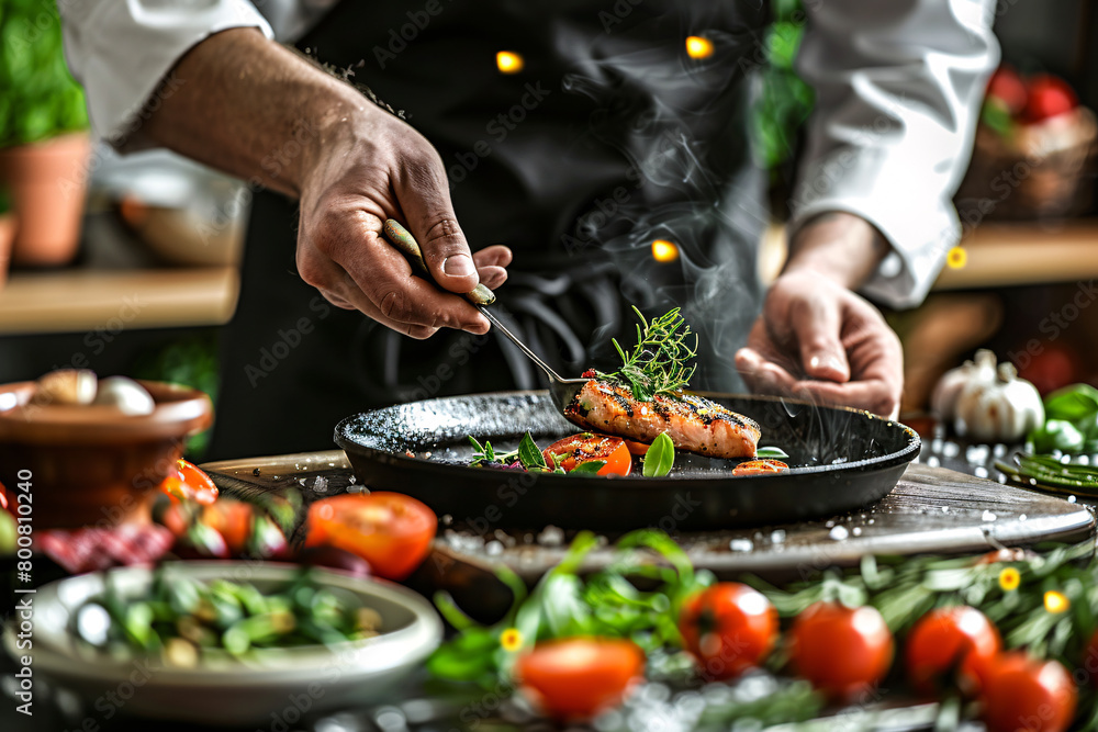 A man chef preparing a fresh and colorful meal in a restaurant kitchen, surrounded by various vegetables, using a knife and pan