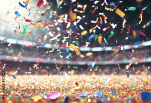 'render 3d Confetti Stadium fans. day tinsel illustration people empty light arena green victory grass goal sky football celebration success soccer field space team sport spectator cou' photo