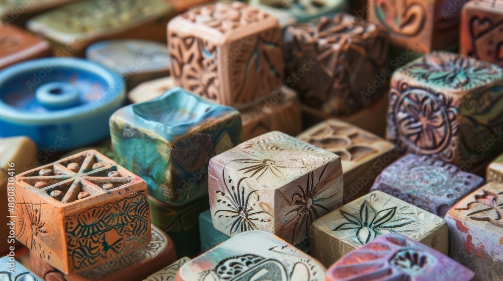 A collection of homemade pottery stamps made by carving designs into repurposed erasers or pieces of foam.. A collection of homemade pottery stamps made by carving designs into repurposed erasers or pieces of foam..