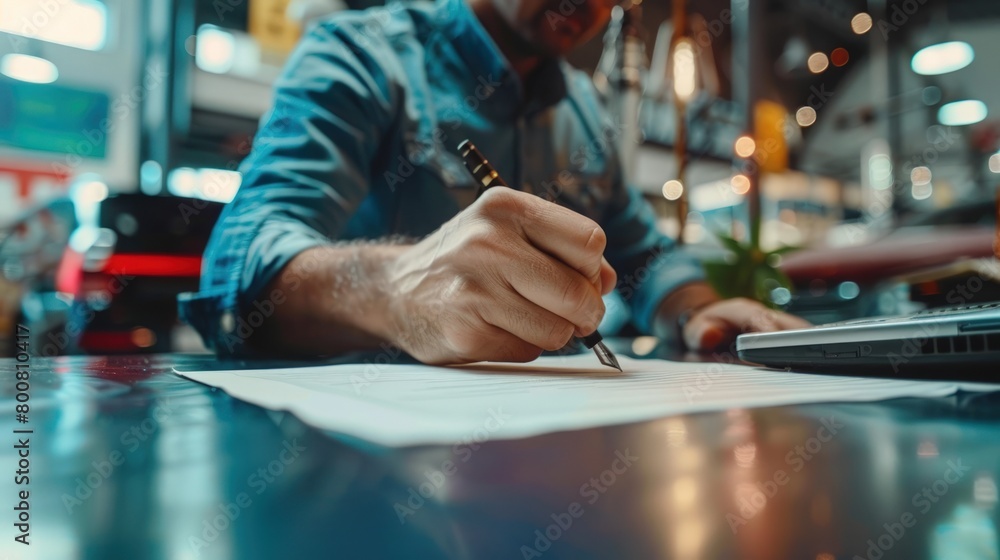 Naklejka premium A man signs a contract with a pen on a table. Generate AI image