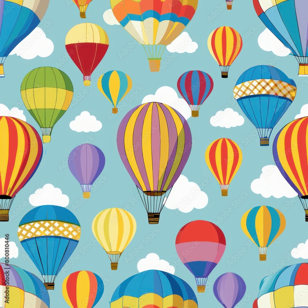 Seamless pattern of colorful hot air balloons drifting peacefully in the air, Generative AI
