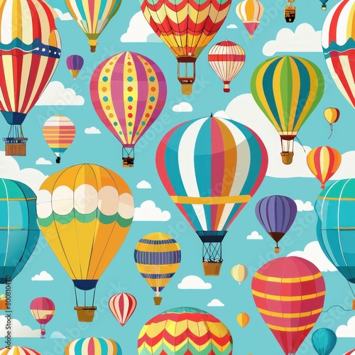 Seamless pattern of colorful hot air balloons drifting peacefully in the air, Generative AI