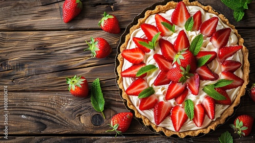 Concept of National Strawberry Rhubarb Pie. Sweet strawberry pie on wooden background. Strawberry and rhubarb tart with a lattice topping. Cake with fresh strawberries.