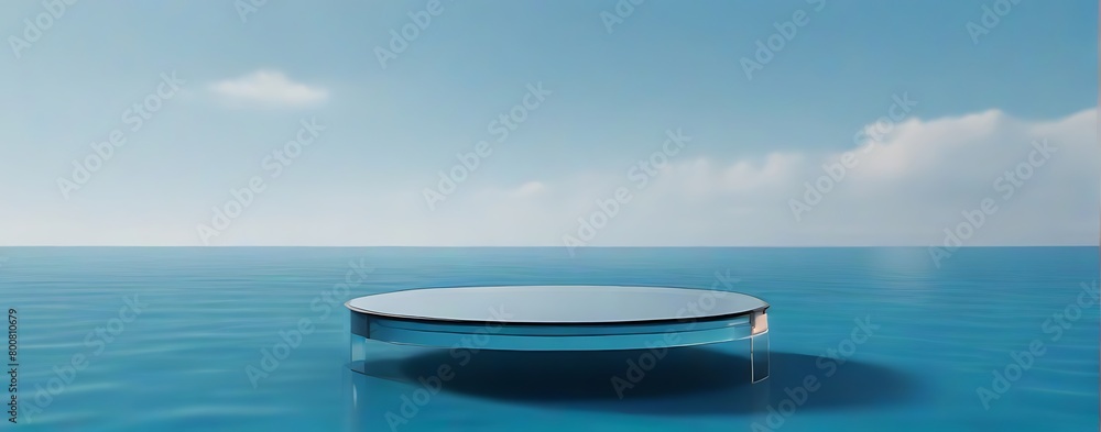  Glass podium set in the middle of water, decorated with tropical leaves and glass plate.