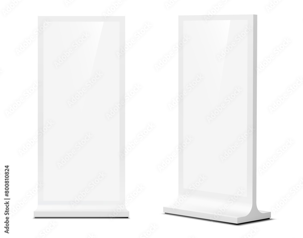Outdoor stand display mockup, 3d vector isolated realistic promotional or informational kiosk for showcasing product branding in urban settings. White blank boards for marketing ads presentations Outdoor stand display mockup, 3d vector isolated realistic promotional or informational kiosk for showcasing product branding in urban settings. White blank boards for marketing ads presentations