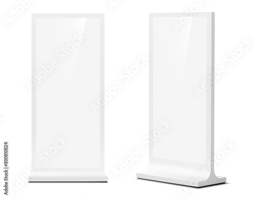 Outdoor stand display mockup, 3d vector isolated realistic promotional or informational kiosk for showcasing product branding in urban settings. White blank boards for marketing ads presentations