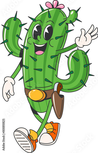 Cartoon retro groovy wild west cacti character. Isolated vector spiky cactus cowboy or bandit personage. Funny succulent rancher with big eyes, and gun on belt holster ready for western adventures