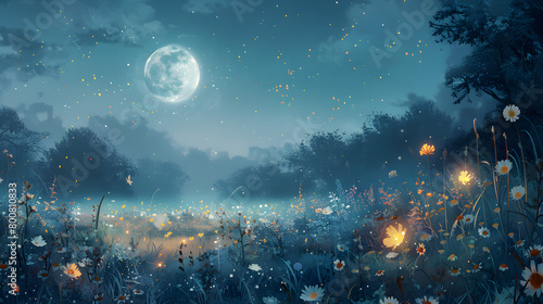 The painting depicts a nocturnal wonderland with soft watercolor techniques, showcasing a magical meadow, wildflowers, and fireflies dancing in the gentle breeze. photo