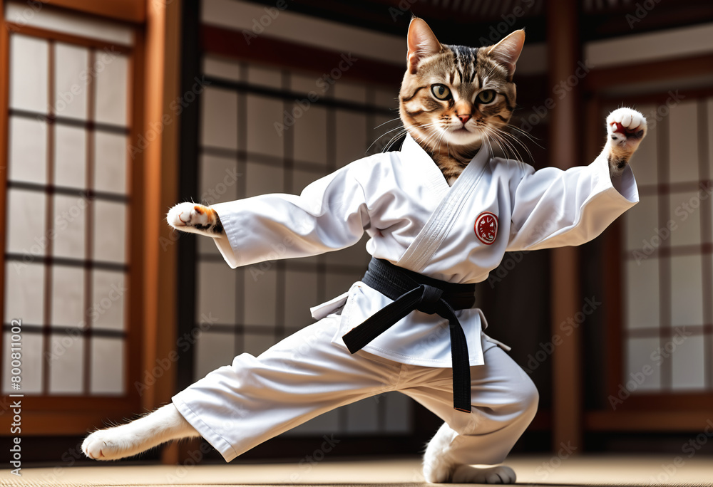 Cute cat in karate uniform. Generative AI Cute cat in karate uniform. Generative AI