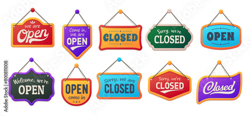 Open and closed board signs, shop notice signboards for store door, vector banners. Modern or retro vintage hanging signs with Sorry We Are Closed and welcome open signboards in frames for shops