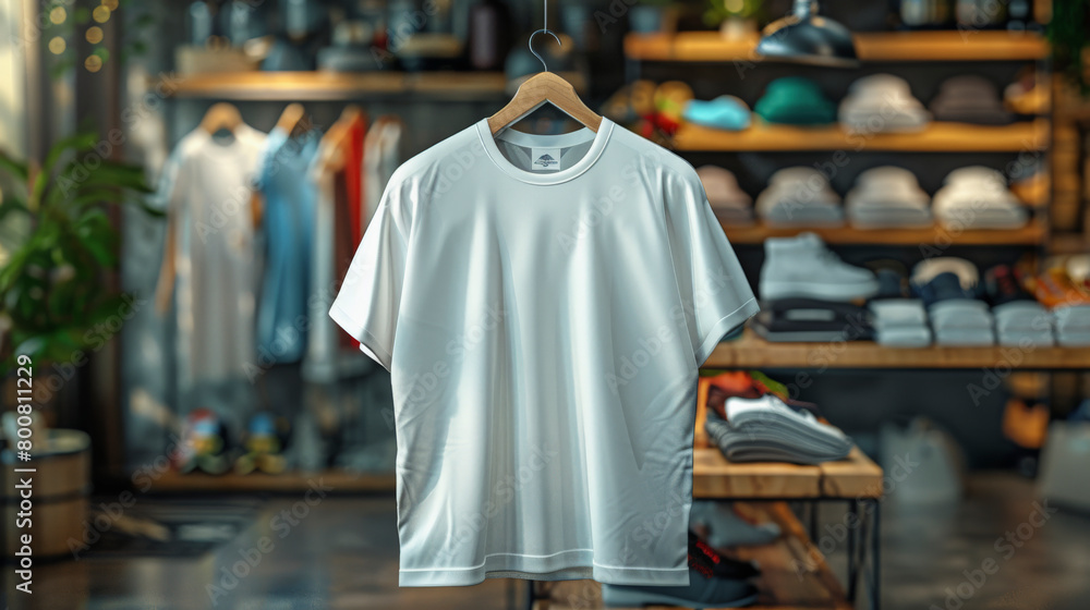 A blank white t-shirt on a hanger with stylish sneakers and clothing in the background of a trendy boutique. A blank white t-shirt on a hanger with stylish sneakers and clothing in the background of a trendy boutique.