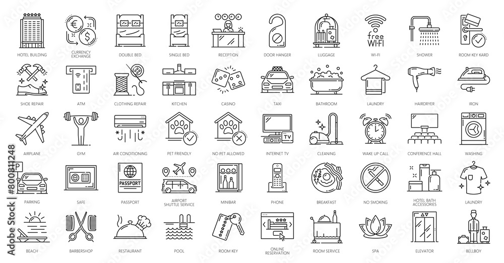 Hotel service icons, vector travel, tourism and vacation. Thin line room service breakfast, bed, bath and shower, hotel restaurant, reception, key and pool, luggage, bar, gym and passport symbols