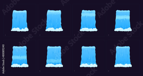 Water cascade waterfall sprite sheet animation. Cartoon vector falling aqua jets with drops for game motion effect. Sequence frame, 2d liquid splash animated design elements, fx spritesheet streams