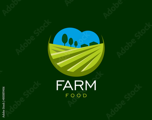 Agriculture farm field icon, rural landscape with green crop plants and trees under blue sky. Vector farm food and agriculture harvest field isolated badge, fresh organic, bio and eco product label