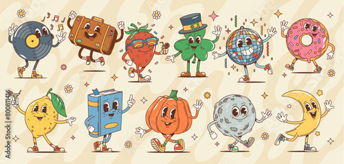 Groovy retro cartoon characters in hippie of 60s or 70s art, vector funky comic. Happy groovy donut with vinyl disk and disco ball or moon planet characters with cute face in groovie retro style