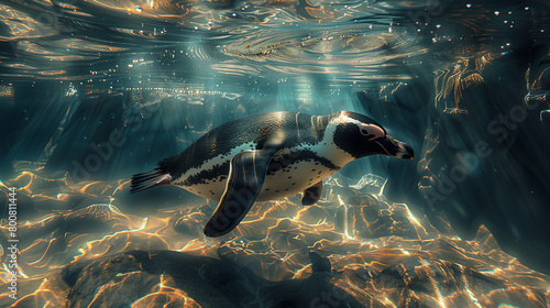 penguin swimming underwater photo