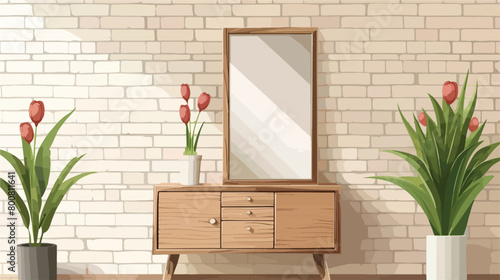 Stylish wooden cabinet with mirror and tulip flowers #800811641