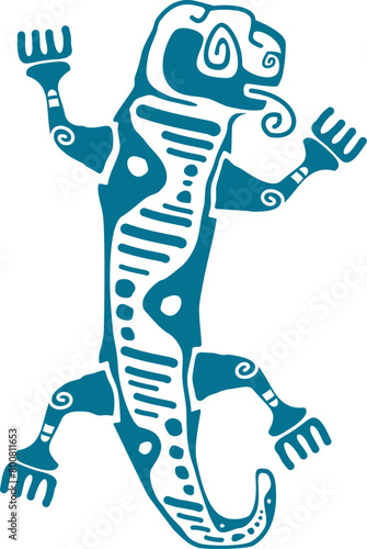 Lizard Mayan Aztec totem symbol of regeneration, resilience, agility, renewal and adaptability. Isolated vector sign adorned with intricate patterns, embodies spiritual connection and cosmic balance
