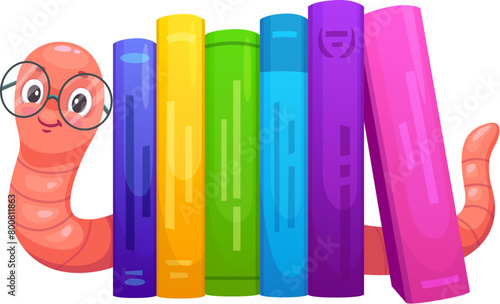 Cartoon funny bookworm character with books. Cute worm or caterpillar animal vector personage with glasses and happy smile. Earthworm insect nerd character of education, library and reading themes