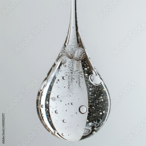 a drop of water filled with bubbles fizzing up inside of the drop on white background