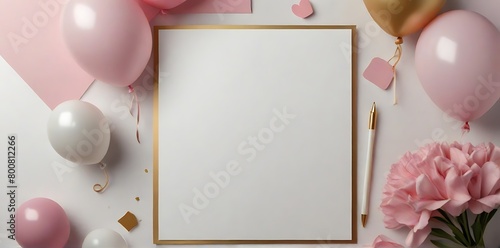 Flat lay of white frame with balloons and confetti. Pink color palette. Advertising banner concept.