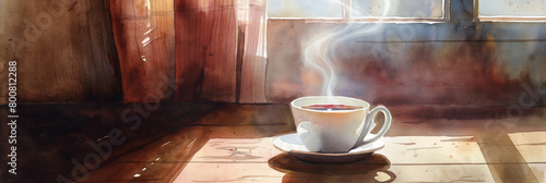 This watercolor image shows a cup of hot coffee on a wooden table with gentle morning sunlight streaming through a window