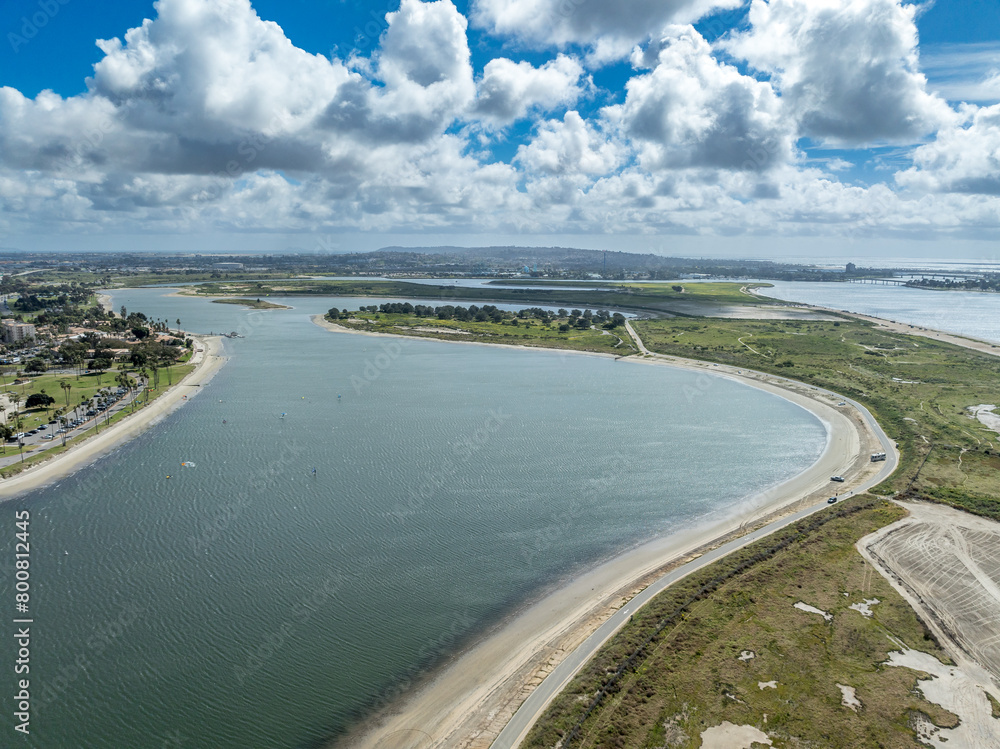 Aerial view of Fiesta Island nature reserve in the heart of San Diego with views of Bay Park Aerial view of Fiesta Island nature reserve in the heart of San Diego with views of Bay Park