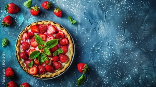 Concept of National Strawberry Rhubarb Pie. Sweet strawberry pie on blue background. Strawberry and rhubarb tart with a lattice topping. Cake with fresh strawberries. Copy space area for text. photo