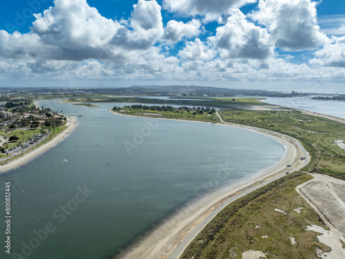 Aerial view of Fiesta Island nature reserve in the heart of San Diego with views of Bay Park