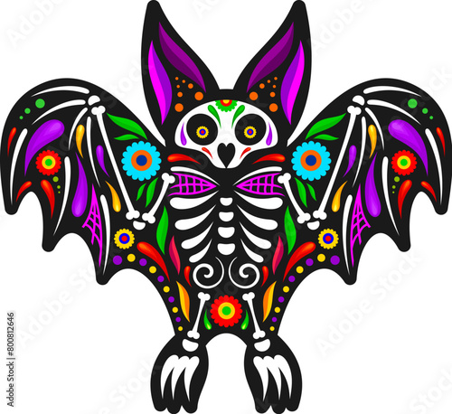 Mexican Day of Dead bat animal with sugar skull, vector tattoo for Dia de Los Muertos holiday. Mexican tattoo of bat with skull and skeleton bones in floral pattern ornament of Mexico celebration
