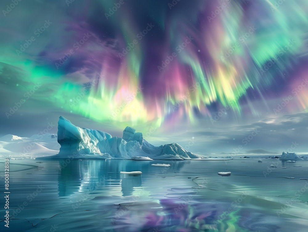A breathtaking panoramic image of a glacier lagoon with majestic icebergs, all bathed in the vibrant colors of the aurora borealis.