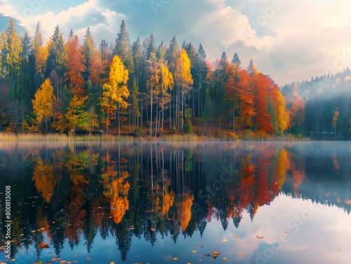 A breathtaking panoramic image of an autumn forest with a vibrant mix of red, orange, and yellow leaves, and a winding river flowing through the scene.