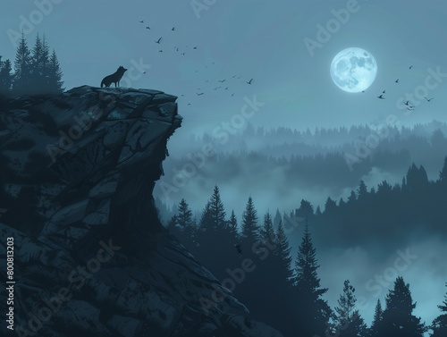 A lone wolf stands proudly on a rocky outcrop, silhouetted against the full moon. The wolf lets out a powerful howl that echoes through the misty forest, creating a sense of mystery and wilderness.