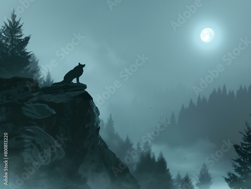A lone wolf stands proudly on a rocky outcrop, silhouetted against the full moon. The wolf lets out a powerful howl that echoes through the misty forest, creating a sense of mystery and wilderness.