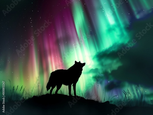 A mystical image of a lone wolf howling  silhouetted against a vibrant aurora borealis in the night sky.