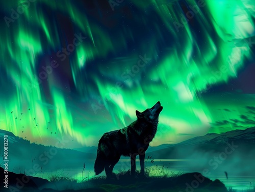 A mystical image of a lone wolf howling  silhouetted against a vibrant aurora borealis in the night sky.