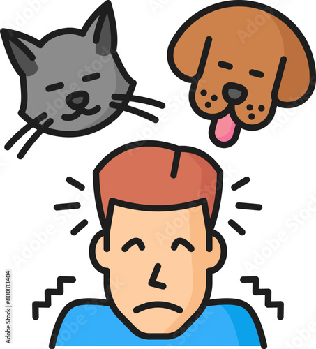 Human phobia or anxiety, psychology, zoophobia mental problem line color icon. Mental disorder, phobia or animals fear outline vector sign. Psychology problem outline sign with man scared of pets