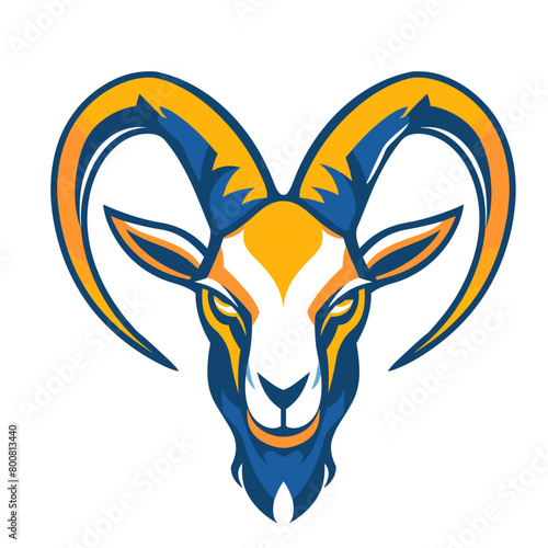 A retro depiction of a proud goat head with a curlicue beard and large horns